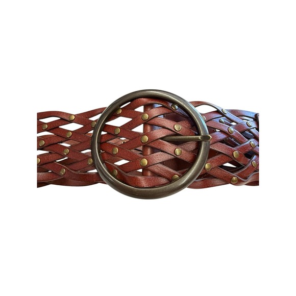 Woven‎ Lattice Studded Leather Wide Waist Belt Cognac Brown L/XL FL21A503